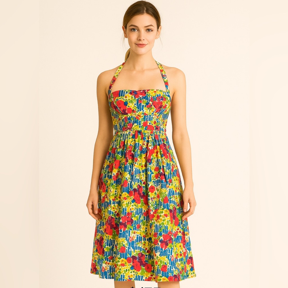 Anthropologie Halter Floral Sundress Bold Watercolor Print size 6